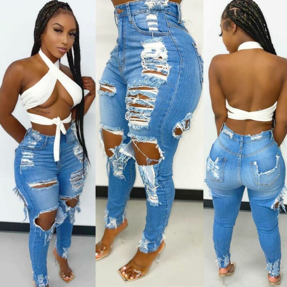 2023 Women&s Slim Fit Jeans Fashion Solid Color Ripped Hole Tassel Stretch Mid-waist Denim Pencil Long Pants Trouser